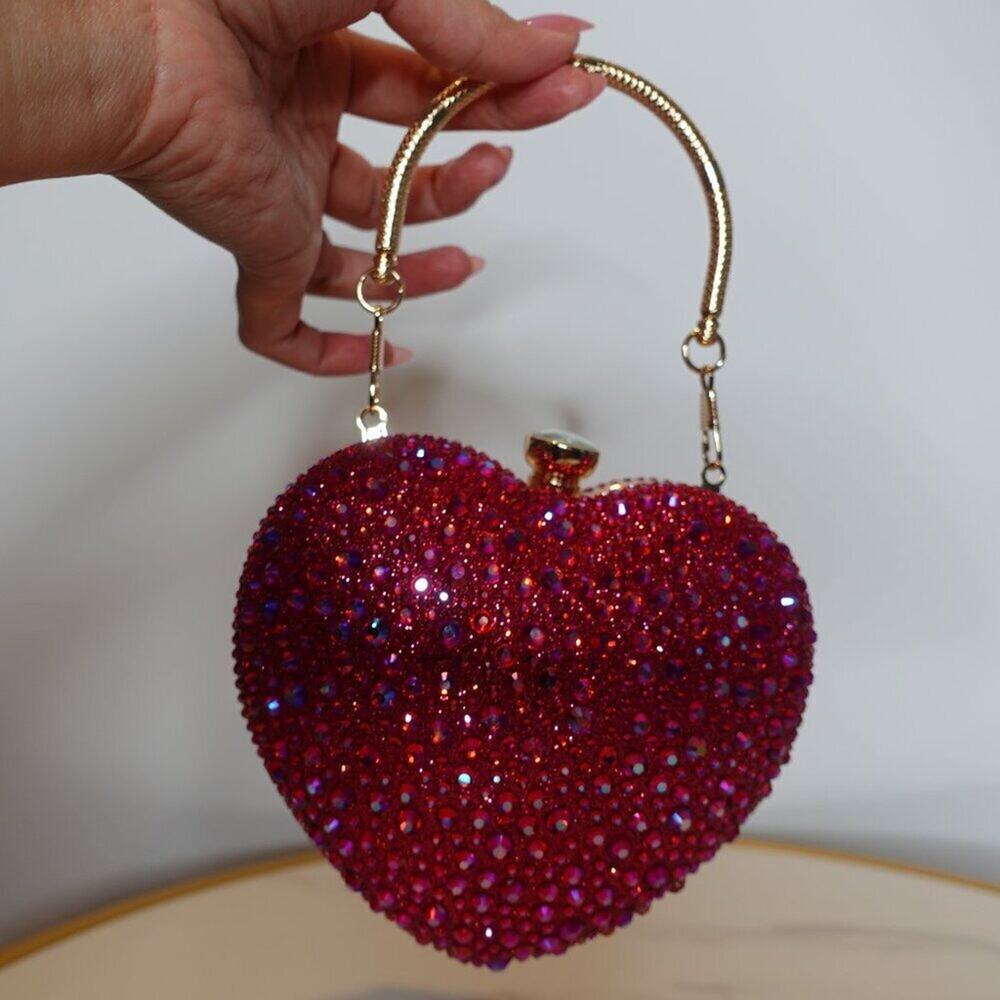 RAMLA Heart Shaped Crystal Rhinestone Women's clutch Gold color Hardware Magenta - Picture 10 of 10